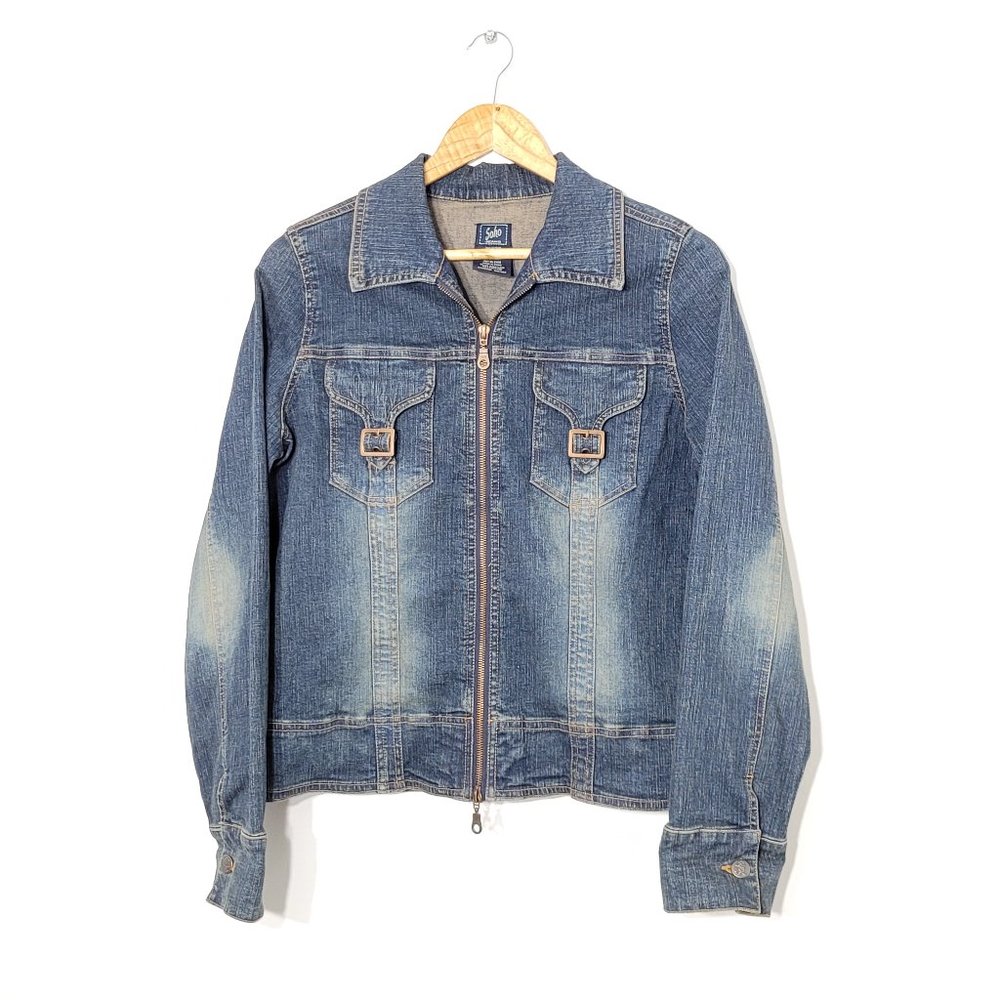 Soho Jean Denim 90s Jacket Zip Sandblasted Cotton Blend Stretch Y2K Washed Large